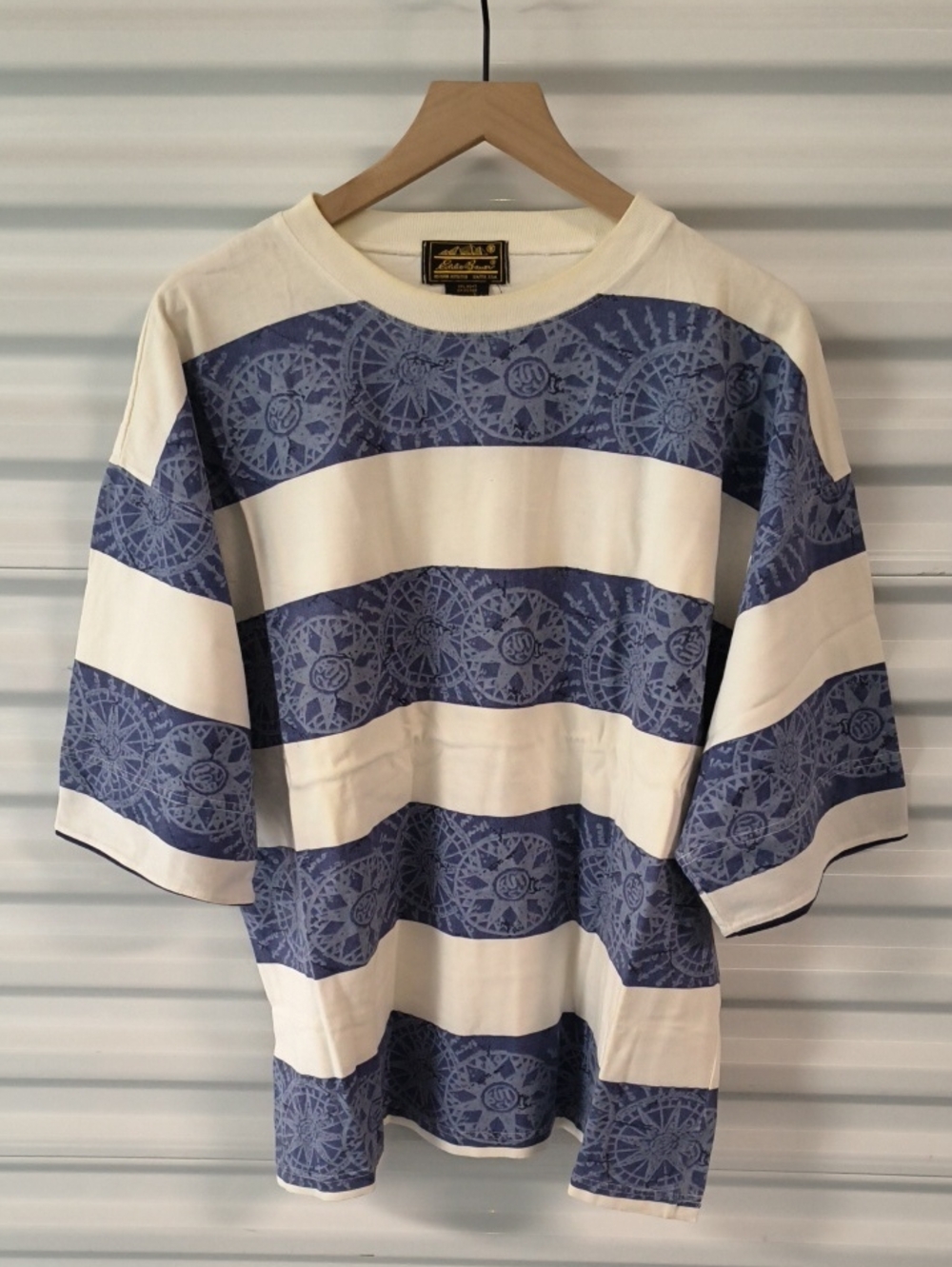 Vtg Eddie Bauer Men's Stripes Blue White Crewneck Short Folded Sleeve T-shirt L